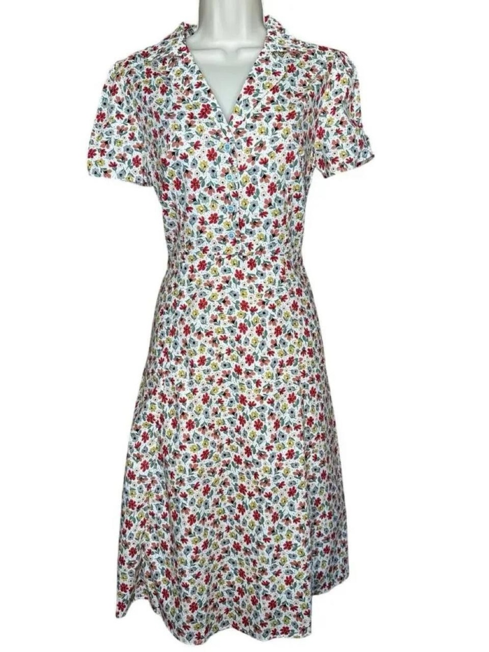 Floral V-Neck A-Line Dress in White with Red & Green